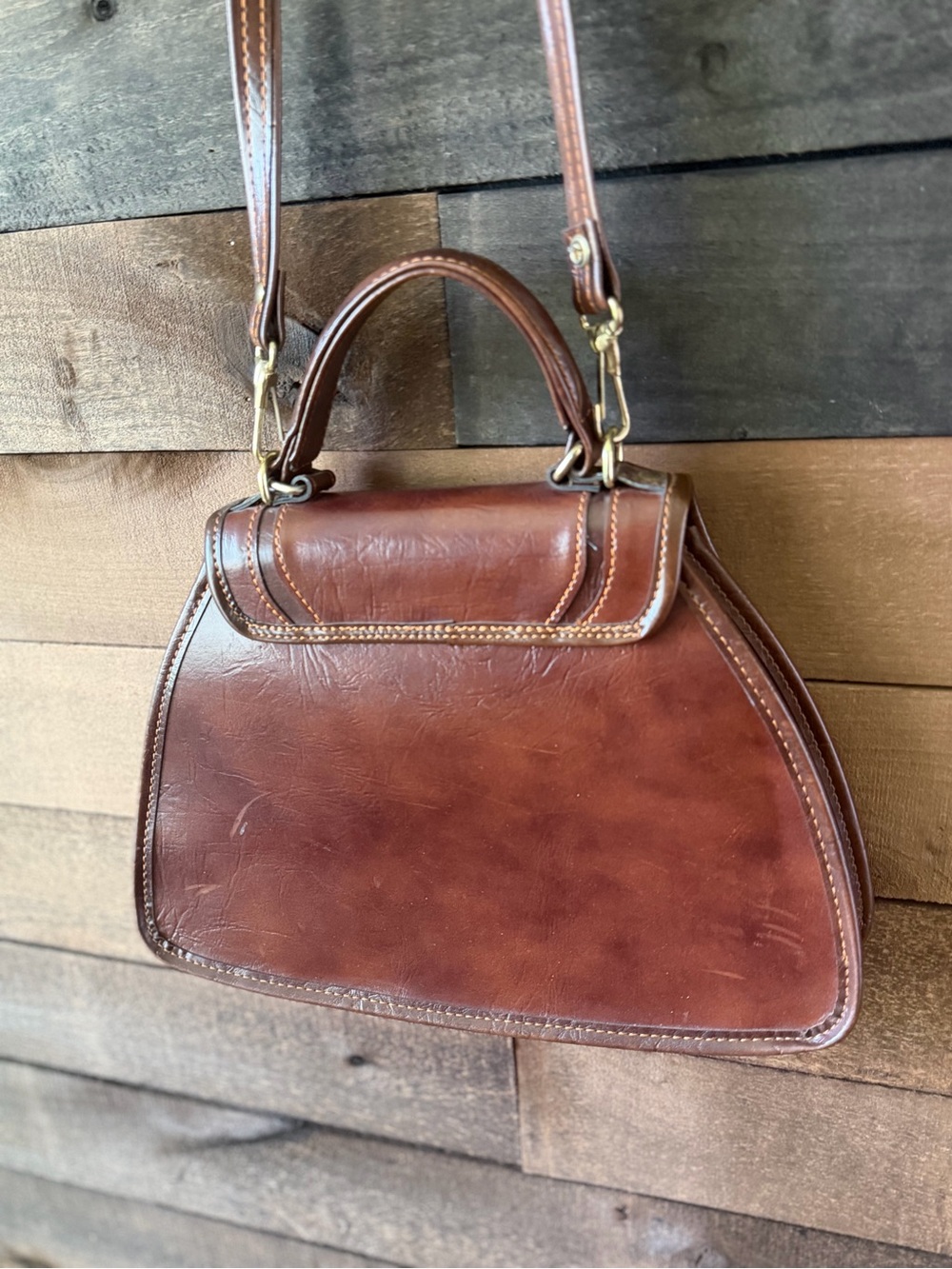 Vintage 70s Brown Top Handle Crossbody Satchel Bag Made In Korea - Picture 6 of 10